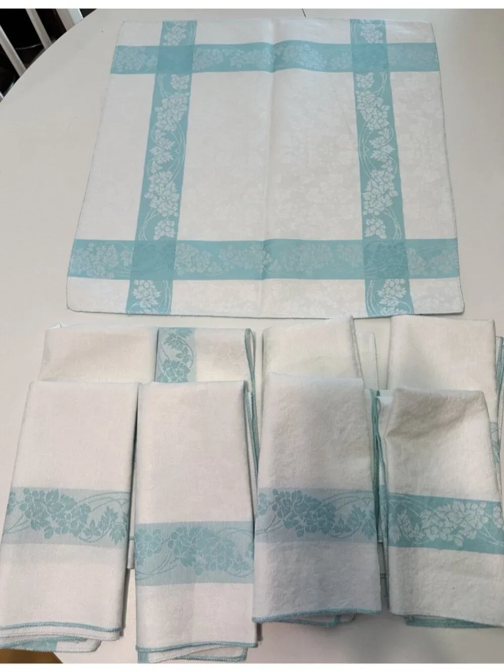 9 Vintage Table Linen Damask Napkin Blue White Cottage Core 40s Jacquard 17”